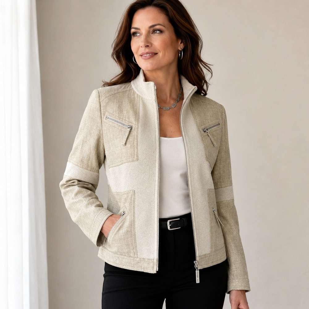 St John Sport Jacket Size Small Beige Knit Linen Blend Zip Front Moto Career